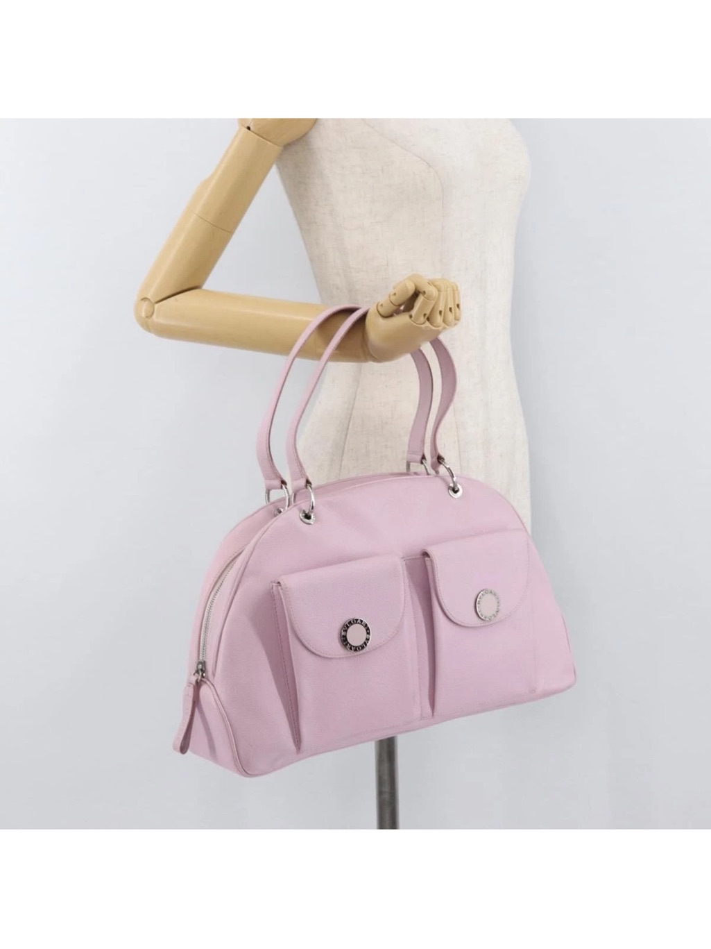 Bvlgari Pink Pebbled Leather Bowler Satchel Handbag Silver Hardware
